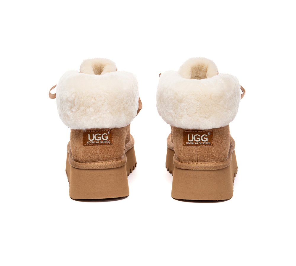 UGG Boots Sheepskin Wool Collar Lace Up Platform Cozira