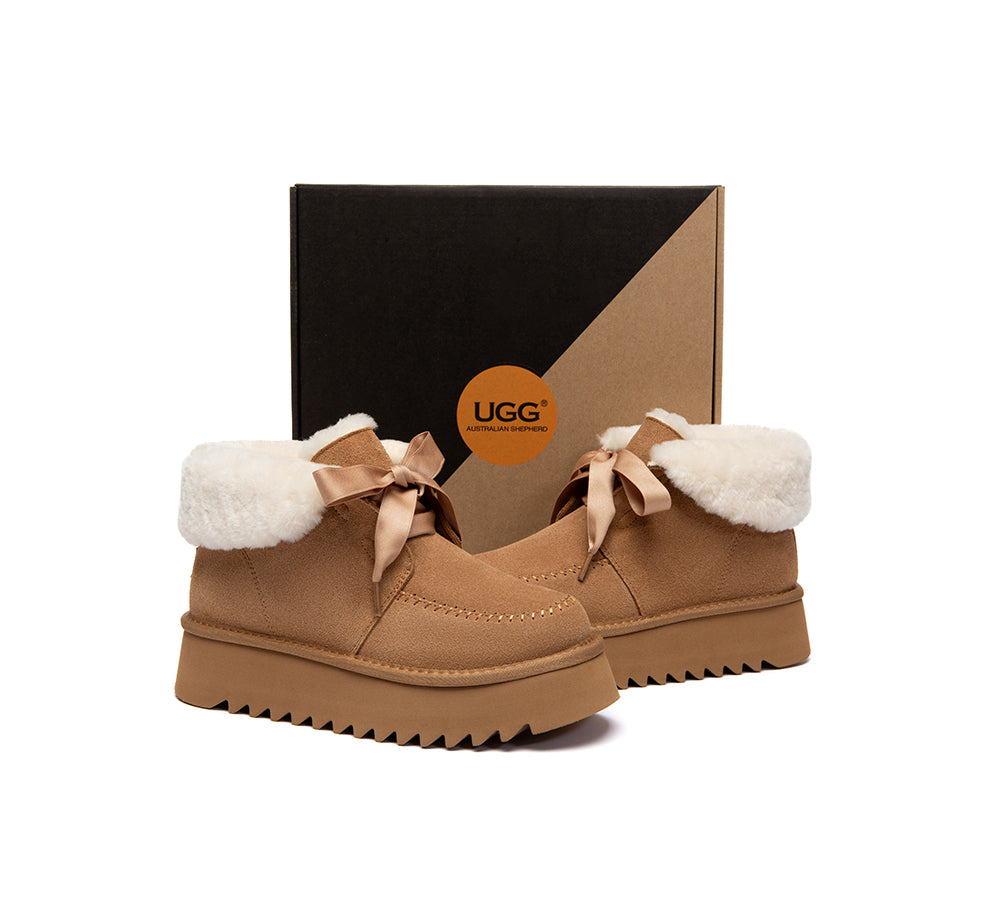 UGG Boots Sheepskin Wool Collar Lace Up Platform Cozira