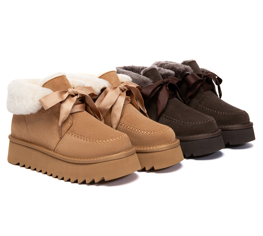 UGG Boots Sheepskin Wool Collar Lace Up Platform Cozira