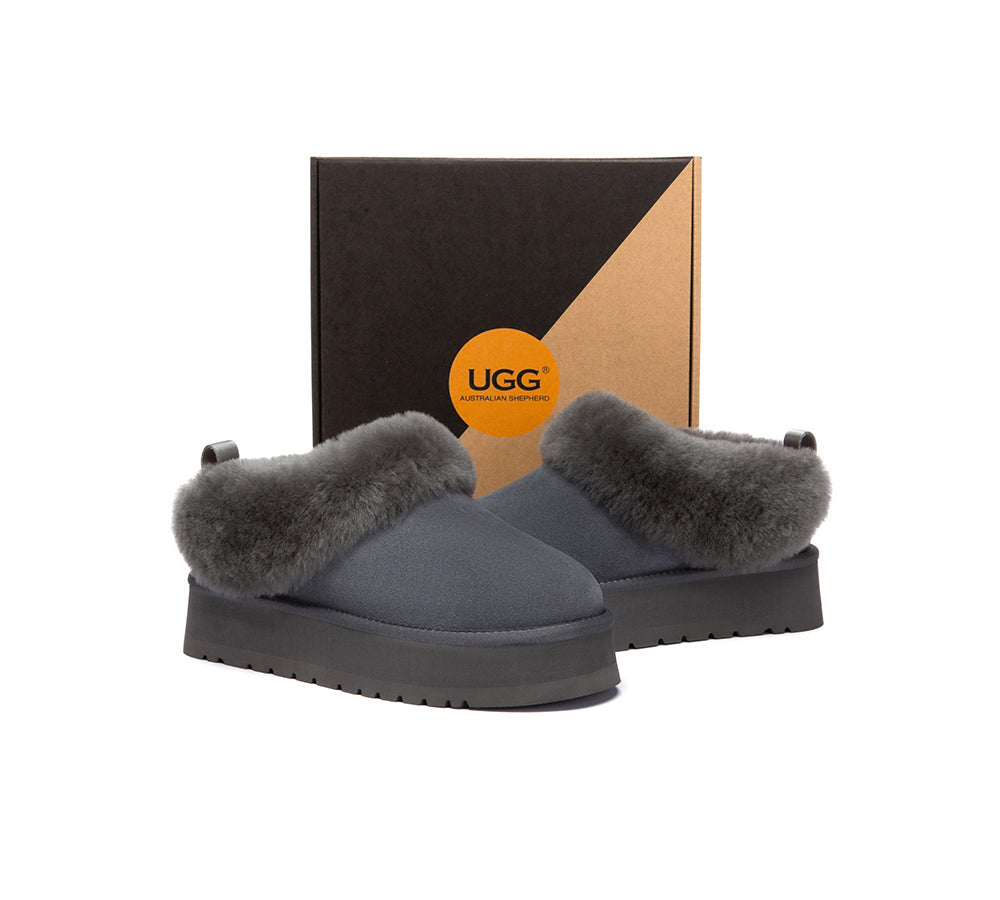 UGG Slippers Sheepskin Wool Collar Ankle Platform Glacial