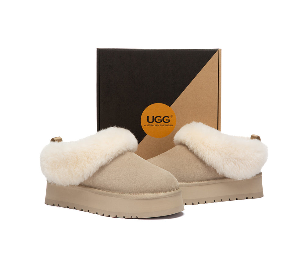 UGG Slippers Sheepskin Wool Collar Ankle Platform Glacial