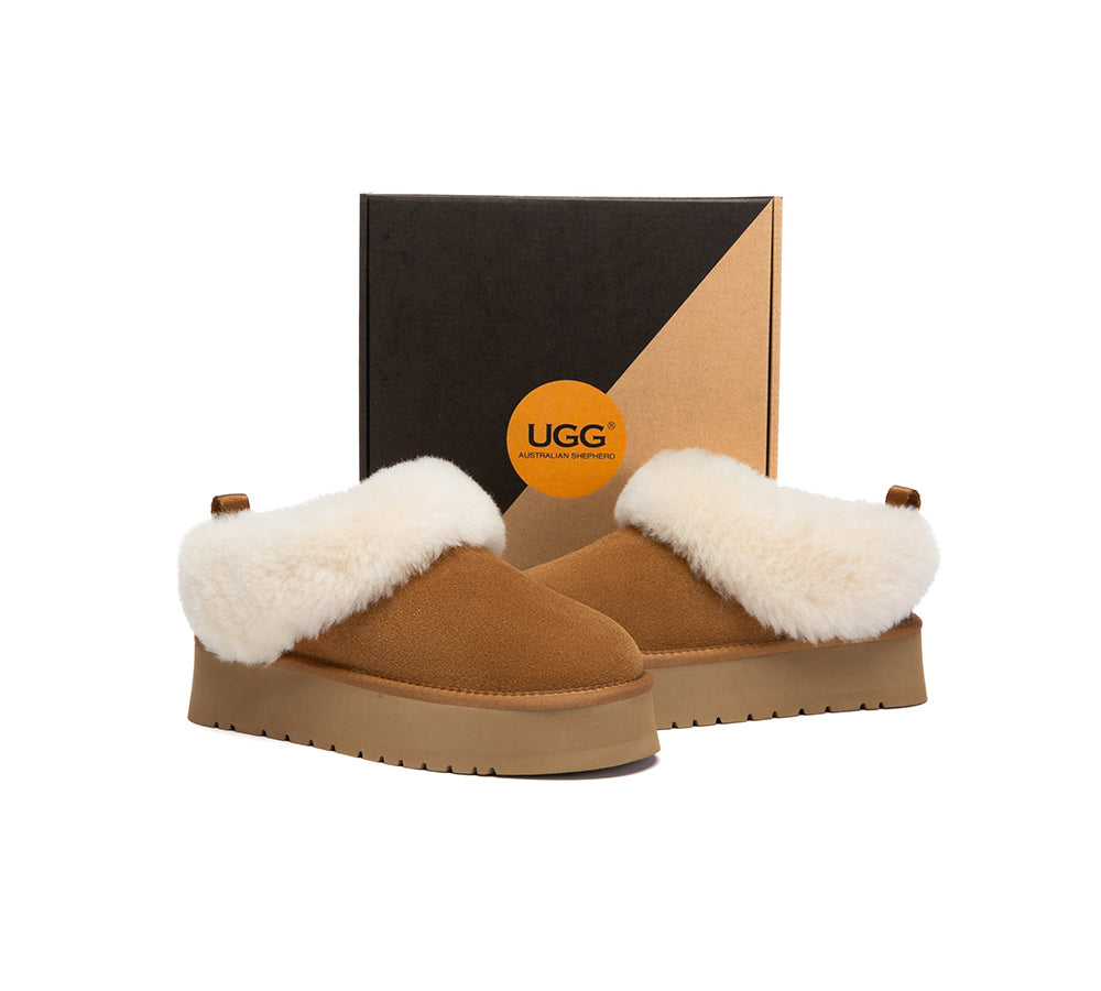 UGG Slippers Sheepskin Wool Collar Ankle Platform Glacial