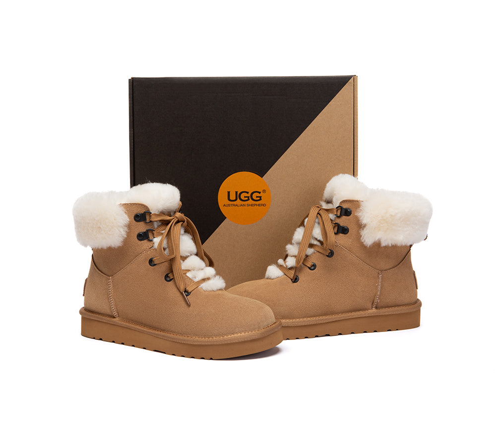 UGG Boots Sheepskin Wool Collar Lace Up Trego