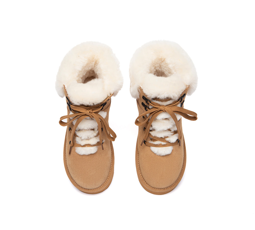 UGG Boots Sheepskin Wool Collar Lace Up Trego