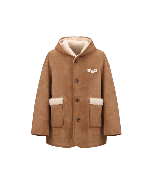 OZLANA Double Logo Hooded Reversible Shearling Coat