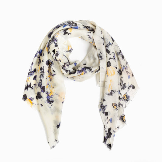 100% Australian Wool Print Scarf Sand Black Blue Flora