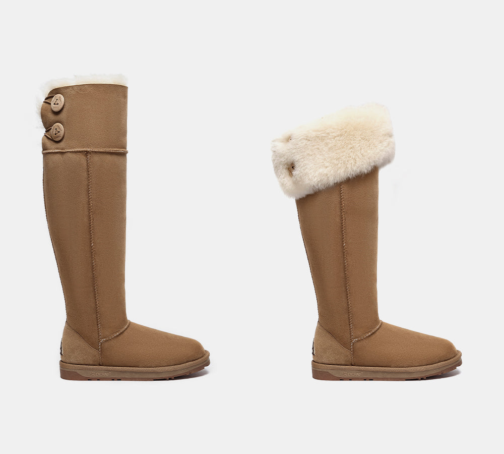 UGG Boots Women Double Faced Sheepskin Wool Tall Button Over-Knee Jenner